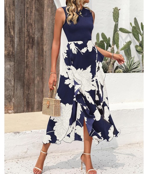 BTFBM Women Casual Sleeveless Summer Dresses 2025 Spring Crewneck Patchwork Boho Floral Ruffle Cocktail Party Midi Dress