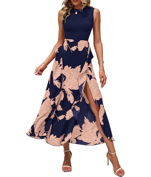 BTFBM Women Casual Sleeveless Summer Dresses 2025 Spring Crewneck Patchwork Boho Floral Ruffle Cocktail Party Midi Dress