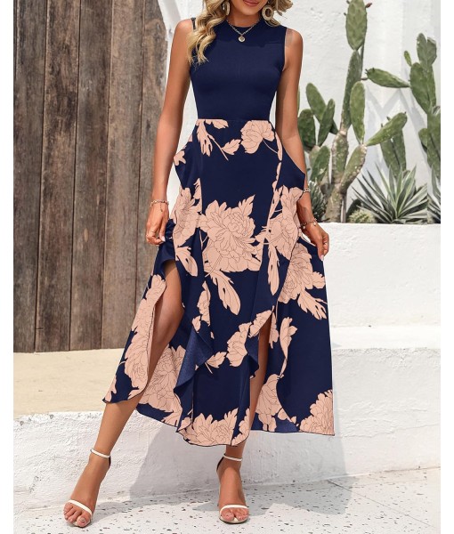 BTFBM Women Casual Sleeveless Summer Dresses 2025 Spring Crewneck Patchwork Boho Floral Ruffle Cocktail Party Midi Dress