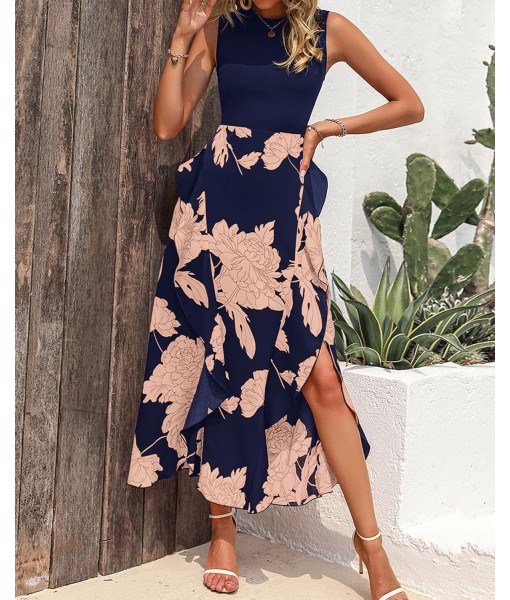 BTFBM Women Casual Sleeveless Summer Dresses 2025 Spring Crewneck Patchwork Boho Floral Ruffle Cocktail Party Midi Dress