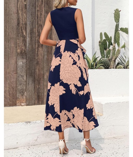 BTFBM Women Casual Sleeveless Summer Dresses 2025 Spring Crewneck Patchwork Boho Floral Ruffle Cocktail Party Midi Dress