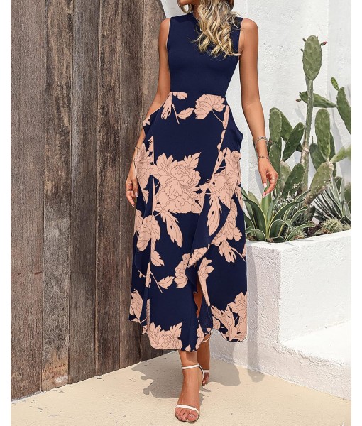 BTFBM Women Casual Sleeveless Summer Dresses 2025 Spring Crewneck Patchwork Boho Floral Ruffle Cocktail Party Midi Dress
