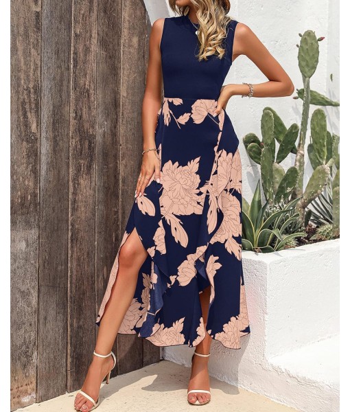 BTFBM Women Casual Sleeveless Summer Dresses 2025 Spring Crewneck Patchwork Boho Floral Ruffle Cocktail Party Midi Dress