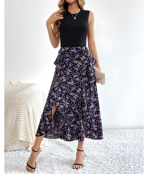 BTFBM Women Casual Sleeveless Summer Dresses 2025 Spring Crewneck Patchwork Boho Floral Ruffle Cocktail Party Midi Dress