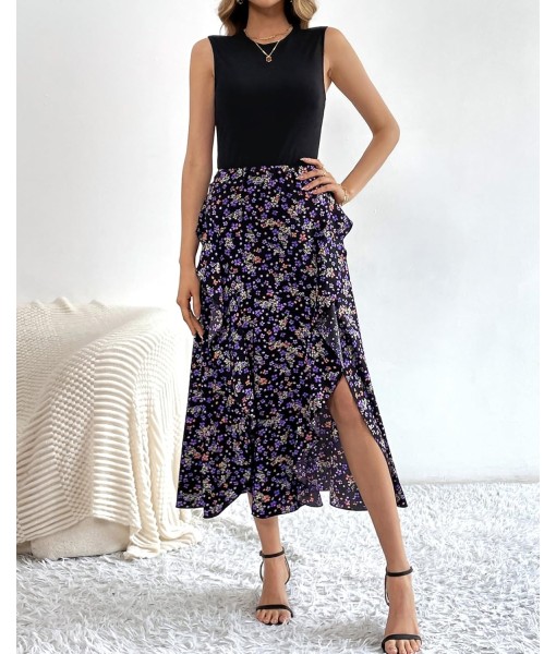 BTFBM Women Casual Sleeveless Summer Dresses 2025 Spring Crewneck Patchwork Boho Floral Ruffle Cocktail Party Midi Dress