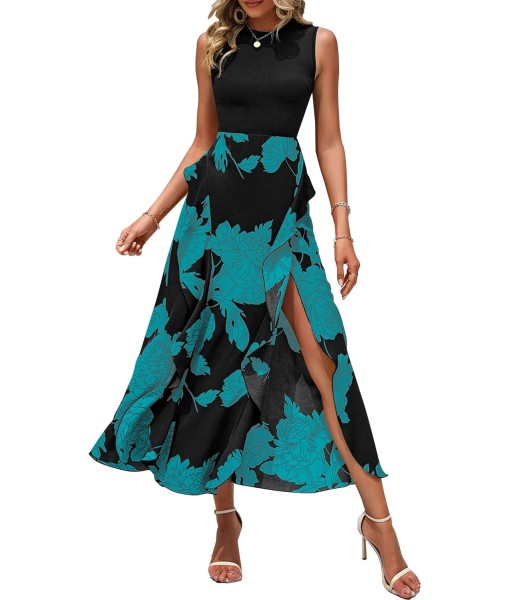 BTFBM Women Casual Sleeveless Summer Dresses 2025 Spring Crewneck Patchwork Boho Floral Ruffle Cocktail Party Midi Dress