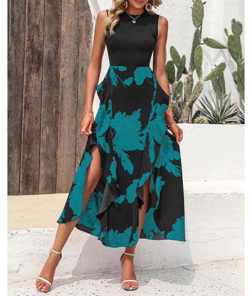 BTFBM Women Casual Sleeveless Summer Dresses 2025 Spring Crewneck Patchwork Boho Floral Ruffle Cocktail Party Midi Dress