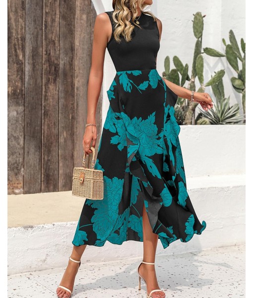BTFBM Women Casual Sleeveless Summer Dresses 2025 Spring Crewneck Patchwork Boho Floral Ruffle Cocktail Party Midi Dress