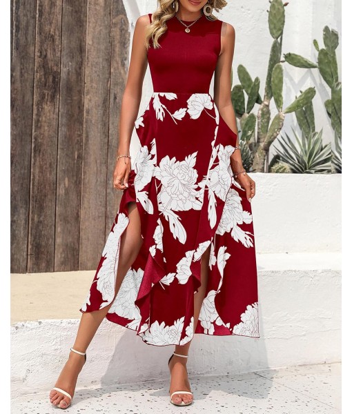 BTFBM Women Casual Sleeveless Summer Dresses 2025 Spring Crewneck Patchwork Boho Floral Ruffle Cocktail Party Midi Dress