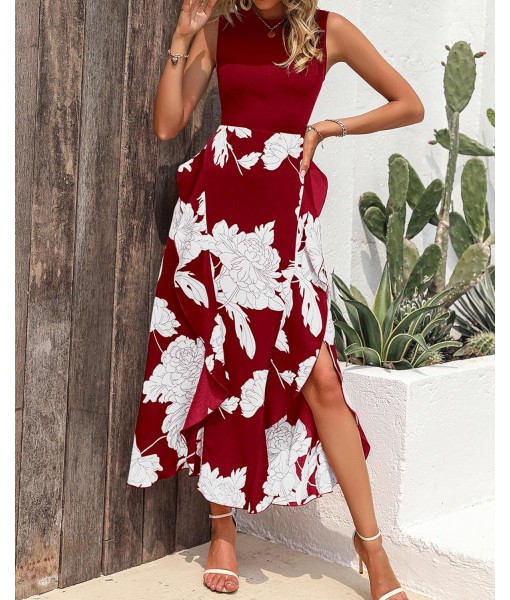 BTFBM Women Casual Sleeveless Summer Dresses 2025 Spring Crewneck Patchwork Boho Floral Ruffle Cocktail Party Midi Dress