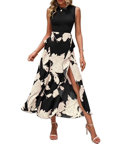 BTFBM Women Casual Sleeveless Summer Dresses 2025 Spring Crewneck Patchwork Boho Floral Ruffle Cocktail Party Midi Dress
