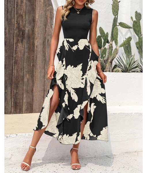 BTFBM Women Casual Sleeveless Summer Dresses 2025 Spring Crewneck Patchwork Boho Floral Ruffle Cocktail Party Midi Dress