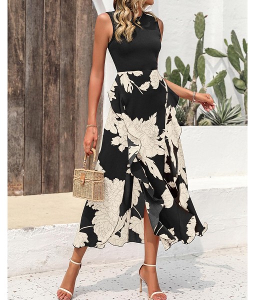 BTFBM Women Casual Sleeveless Summer Dresses 2025 Spring Crewneck Patchwork Boho Floral Ruffle Cocktail Party Midi Dress
