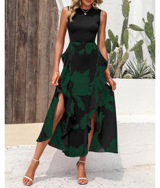 BTFBM Women Casual Sleeveless Summer Dresses 2025 Spring Crewneck Patchwork Boho Floral Ruffle Cocktail Party Midi Dress