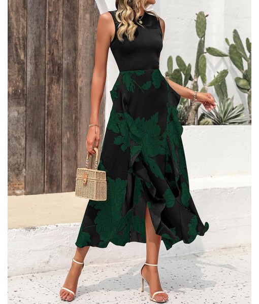 BTFBM Women Casual Sleeveless Summer Dresses 2025 Spring Crewneck Patchwork Boho Floral Ruffle Cocktail Party Midi Dress