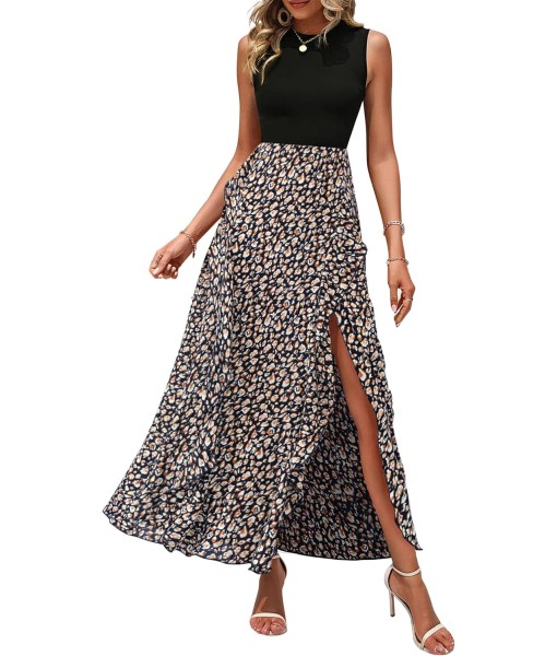 BTFBM Women Casual Sleeveless Summer Dresses 2025 Spring Crewneck Patchwork Boho Floral Ruffle Cocktail Party Midi Dress