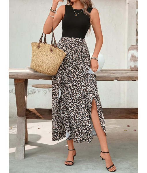 BTFBM Women Casual Sleeveless Summer Dresses 2025 Spring Crewneck Patchwork Boho Floral Ruffle Cocktail Party Midi Dress