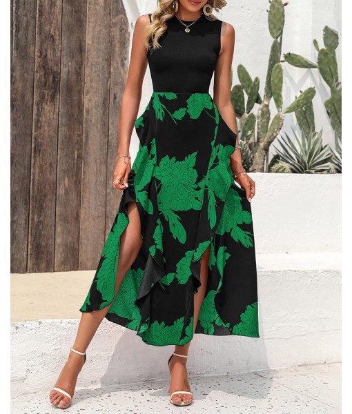 BTFBM Women Casual Sleeveless Summer Dresses 2025 Spring Crewneck Patchwork Boho Floral Ruffle Cocktail Party Midi Dress