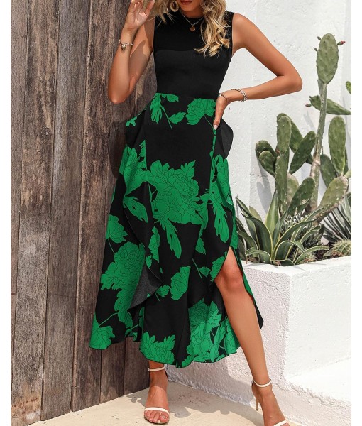 BTFBM Women Casual Sleeveless Summer Dresses 2025 Spring Crewneck Patchwork Boho Floral Ruffle Cocktail Party Midi Dress