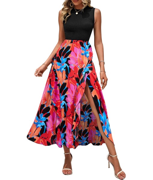 BTFBM Women Casual Sleeveless Summer Dresses 2025 Spring Crewneck Patchwork Boho Floral Ruffle Cocktail Party Midi Dress