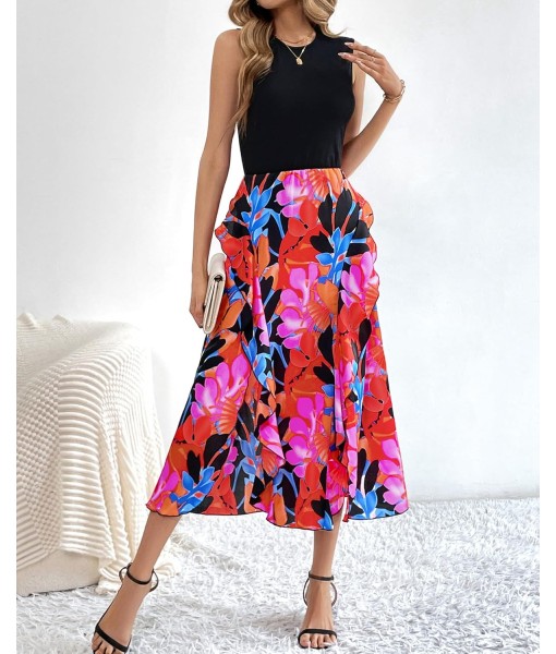BTFBM Women Casual Sleeveless Summer Dresses 2025 Spring Crewneck Patchwork Boho Floral Ruffle Cocktail Party Midi Dress
