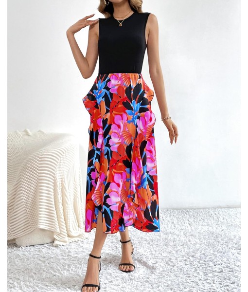 BTFBM Women Casual Sleeveless Summer Dresses 2025 Spring Crewneck Patchwork Boho Floral Ruffle Cocktail Party Midi Dress