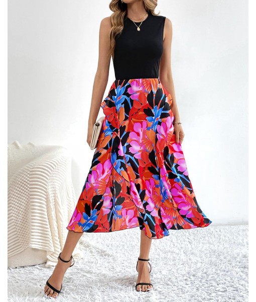 BTFBM Women Casual Sleeveless Summer Dresses 2025 Spring Crewneck Patchwork Boho Floral Ruffle Cocktail Party Midi Dress