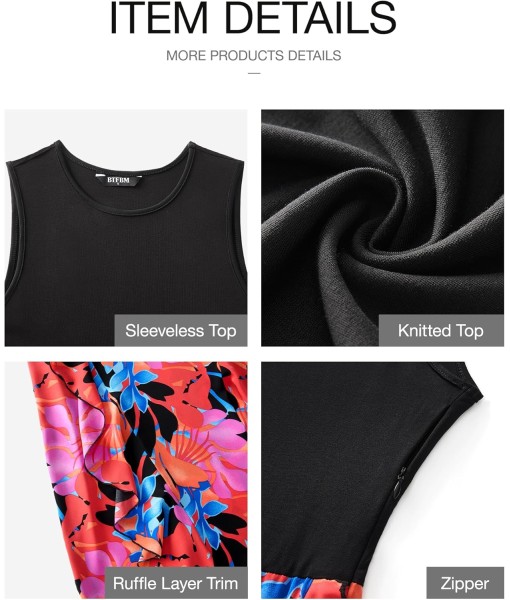 BTFBM Women Casual Sleeveless Summer Dresses 2025 Spring Crewneck Patchwork Boho Floral Ruffle Cocktail Party Midi Dress