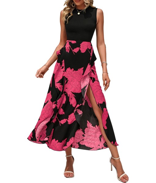 BTFBM Women Casual Sleeveless Summer Dresses 2025 Spring Crewneck Patchwork Boho Floral Ruffle Cocktail Party Midi Dress