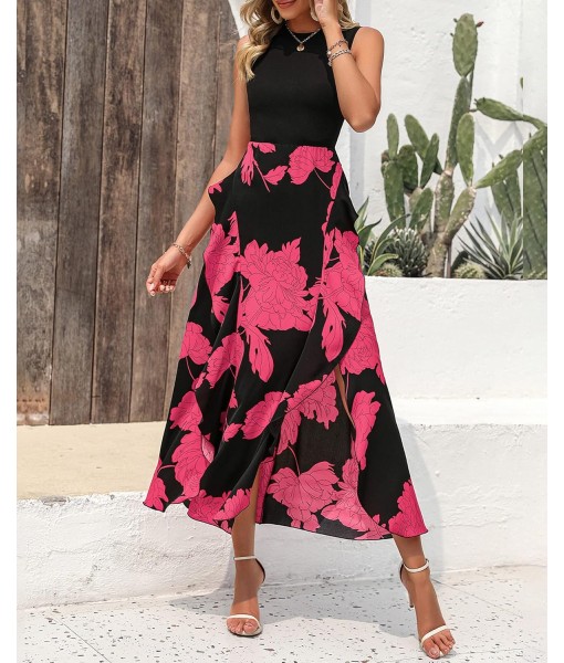 BTFBM Women Casual Sleeveless Summer Dresses 2025 Spring Crewneck Patchwork Boho Floral Ruffle Cocktail Party Midi Dress