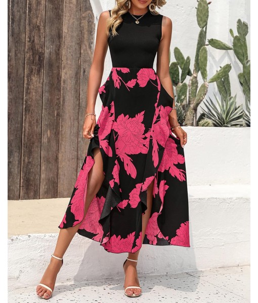BTFBM Women Casual Sleeveless Summer Dresses 2025 Spring Crewneck Patchwork Boho Floral Ruffle Cocktail Party Midi Dress