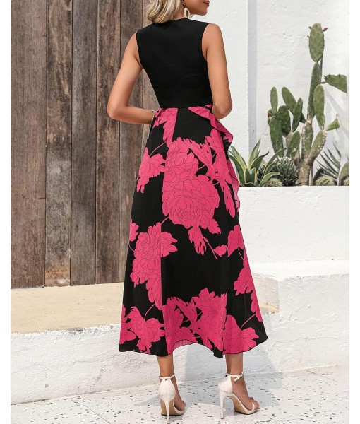 BTFBM Women Casual Sleeveless Summer Dresses 2025 Spring Crewneck Patchwork Boho Floral Ruffle Cocktail Party Midi Dress