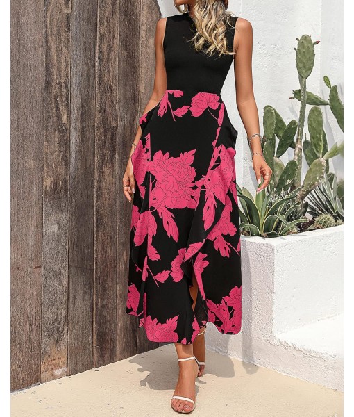 BTFBM Women Casual Sleeveless Summer Dresses 2025 Spring Crewneck Patchwork Boho Floral Ruffle Cocktail Party Midi Dress
