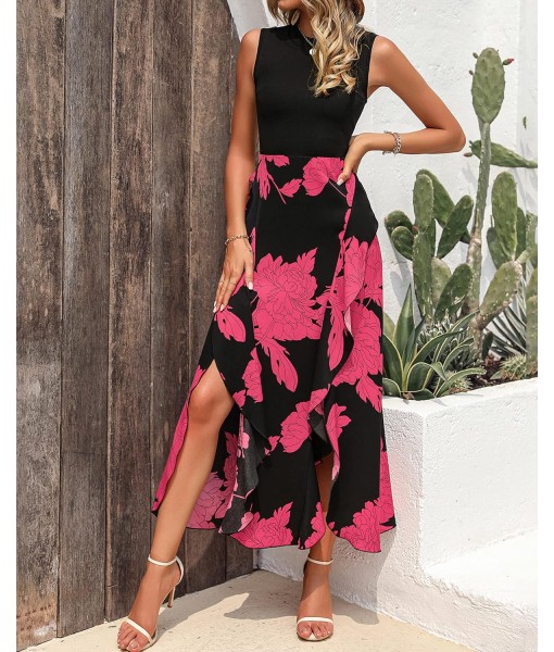 BTFBM Women Casual Sleeveless Summer Dresses 2025 Spring Crewneck Patchwork Boho Floral Ruffle Cocktail Party Midi Dress