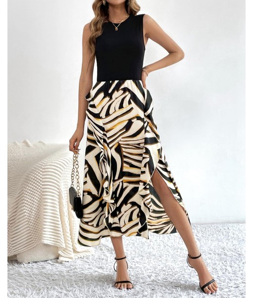 BTFBM Women Casual Sleeveless Summer Dresses 2025 Spring Crewneck Patchwork Boho Floral Ruffle Cocktail Party Midi Dress