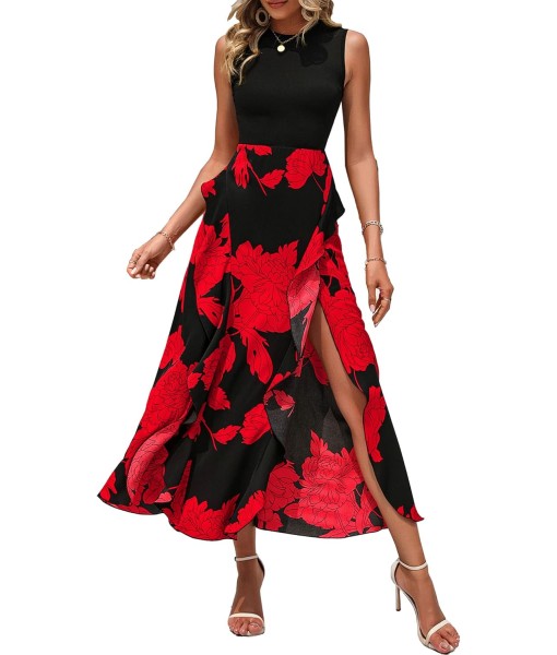 BTFBM Women Casual Sleeveless Summer Dresses 2025 Spring Crewneck Patchwork Boho Floral Ruffle Cocktail Party Midi Dress