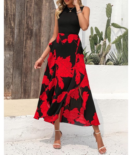 BTFBM Women Casual Sleeveless Summer Dresses 2025 Spring Crewneck Patchwork Boho Floral Ruffle Cocktail Party Midi Dress
