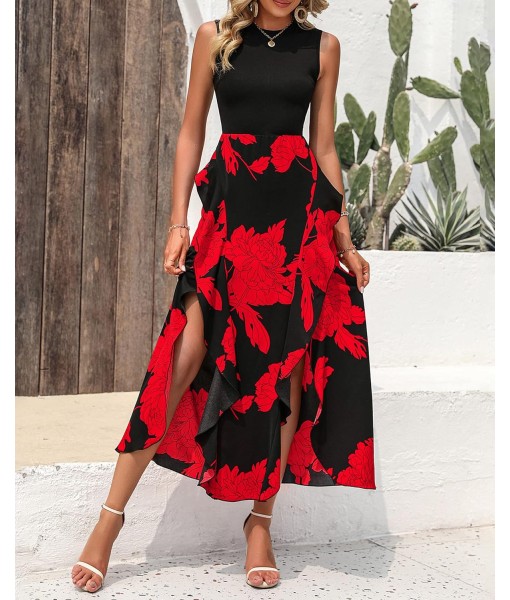 BTFBM Women Casual Sleeveless Summer Dresses 2025 Spring Crewneck Patchwork Boho Floral Ruffle Cocktail Party Midi Dress