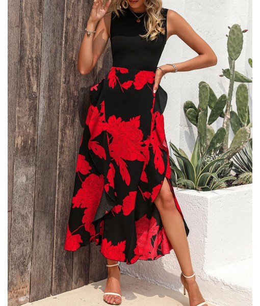BTFBM Women Casual Sleeveless Summer Dresses 2025 Spring Crewneck Patchwork Boho Floral Ruffle Cocktail Party Midi Dress