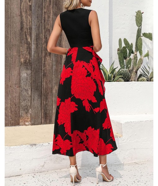 BTFBM Women Casual Sleeveless Summer Dresses 2025 Spring Crewneck Patchwork Boho Floral Ruffle Cocktail Party Midi Dress