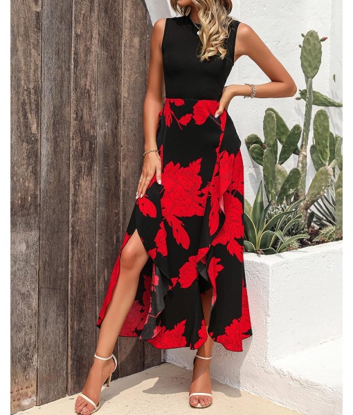 BTFBM Women Casual Sleeveless Summer Dresses 2025 Spring Crewneck Patchwork Boho Floral Ruffle Cocktail Party Midi Dress