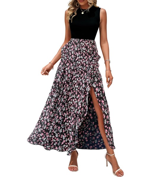 BTFBM Women Casual Sleeveless Summer Dresses 2025 Spring Crewneck Patchwork Boho Floral Ruffle Cocktail Party Midi Dress