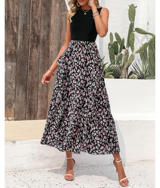 BTFBM Women Casual Sleeveless Summer Dresses 2025 Spring Crewneck Patchwork Boho Floral Ruffle Cocktail Party Midi Dress