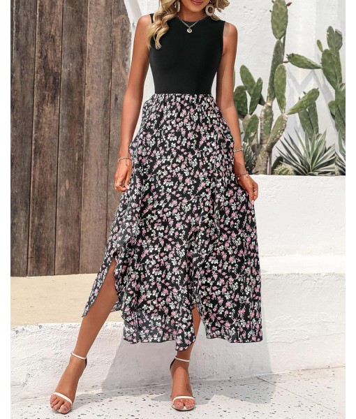BTFBM Women Casual Sleeveless Summer Dresses 2025 Spring Crewneck Patchwork Boho Floral Ruffle Cocktail Party Midi Dress