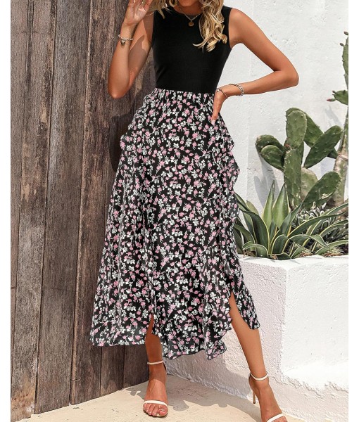 BTFBM Women Casual Sleeveless Summer Dresses 2025 Spring Crewneck Patchwork Boho Floral Ruffle Cocktail Party Midi Dress
