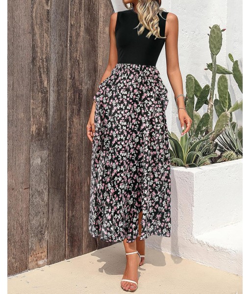 BTFBM Women Casual Sleeveless Summer Dresses 2025 Spring Crewneck Patchwork Boho Floral Ruffle Cocktail Party Midi Dress