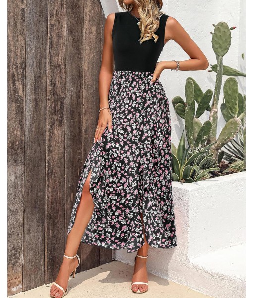 BTFBM Women Casual Sleeveless Summer Dresses 2025 Spring Crewneck Patchwork Boho Floral Ruffle Cocktail Party Midi Dress