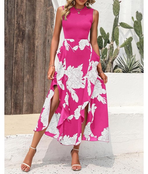 BTFBM Women Casual Sleeveless Summer Dresses 2025 Spring Crewneck Patchwork Boho Floral Ruffle Cocktail Party Midi Dress