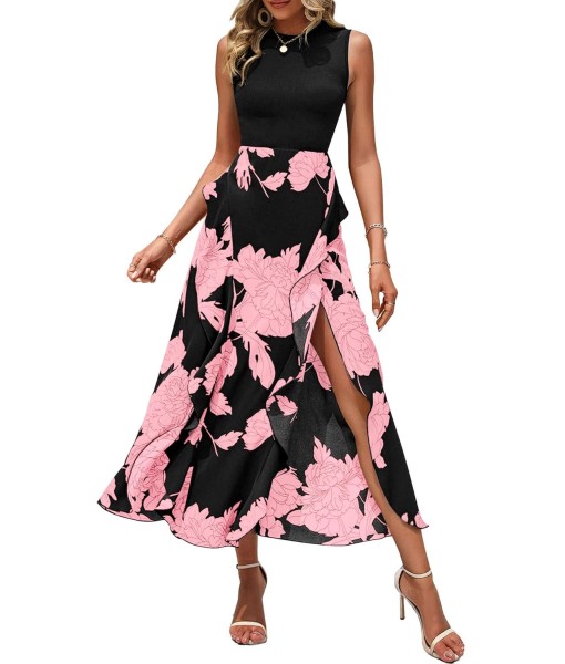 BTFBM Women Casual Sleeveless Summer Dresses 2025 Spring Crewneck Patchwork Boho Floral Ruffle Cocktail Party Midi Dress