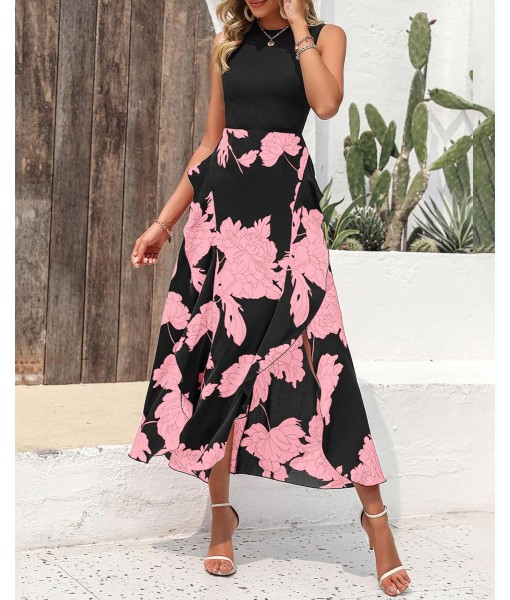 BTFBM Women Casual Sleeveless Summer Dresses 2025 Spring Crewneck Patchwork Boho Floral Ruffle Cocktail Party Midi Dress